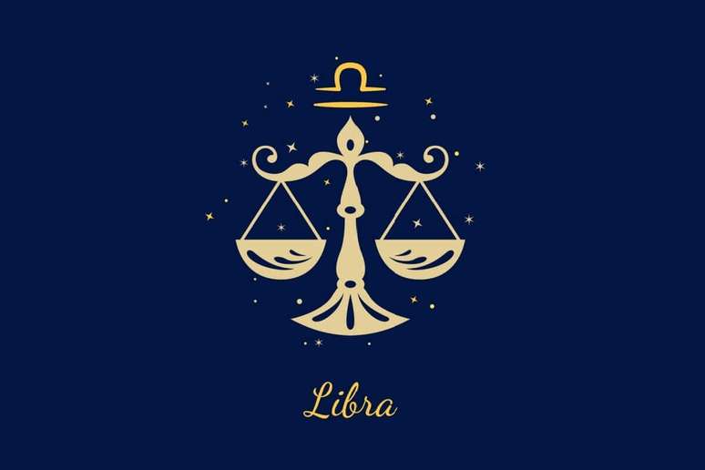 Um fundo azul-marinho escuro com ilustra&ccedil;&atilde;o de uma balan&ccedil;a de pratos sim&eacute;trica e ornamentada. Acima dela, o glifo de Libra (duas linhas horizontais, a superior com uma curva). Abaixo, o texto "Libra".