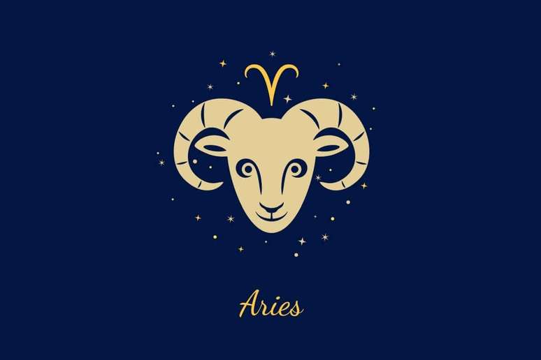 Um fundo azul-marinho escuro com ilustra&ccedil;&atilde;o frontal da cabe&ccedil;a de um carneiro com chifres grandes e espiralados. Acima dele, o glifo de &Aacute;ries (formato de "V" curvado). Abaixo, o texto "Aries".