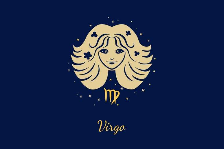 Um fundo azul-marinho escuro com ilustra&ccedil;&atilde;o do rosto de uma mulher jovem com cabelos longos e volumosos adornados por pequenas flores. Abaixo, o glifo de Virgem (letra 'm' com um la&ccedil;o). Abaixo, o texto "Virgo".