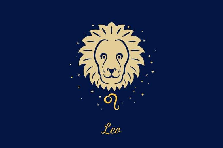 Um fundo azul-marinho escuro com ilustra&ccedil;&atilde;o frontal da cabe&ccedil;a de um le&atilde;o com uma juba farta e sim&eacute;trica. Abaixo do queixo, o glifo de Le&atilde;o (um c&iacute;rculo com uma cauda curvada). Abaixo, o texto "Leo".