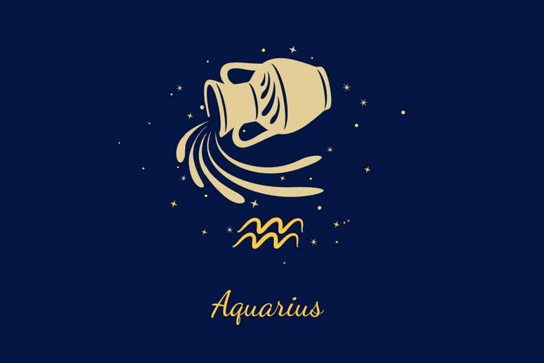 Um fundo azul-marinho escuro com ilustra&ccedil;&atilde;o de um vaso (&acirc;nfora) inclinado, do qual jorra &aacute;gua em movimento. Abaixo do vaso, o glifo de Aqu&aacute;rio (duas linhas onduladas paralelas). Abaixo, o texto "Aquarius".