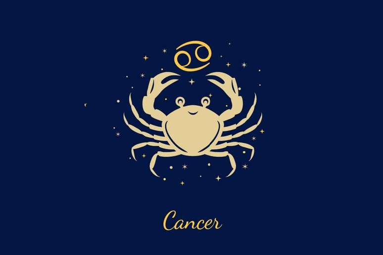 Um fundo azul-marinho escuro com ilustra&ccedil;&atilde;o de um caranguejo visto de cima, com as garras abertas. Acima dele, o glifo de C&acirc;ncer (n&uacute;mero 69 na horizontal). Abaixo, o texto "Cancer".