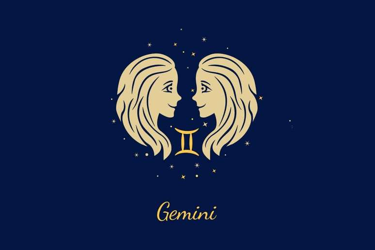 Um fundo azul-marinho escuro com ilustra&ccedil;&atilde;o de dois perfis femininos id&ecirc;nticos (g&ecirc;meas) virados um para o outro. Entre elas, o glifo de G&ecirc;meos (duas colunas paralelas). Abaixo, o texto "Gemini".