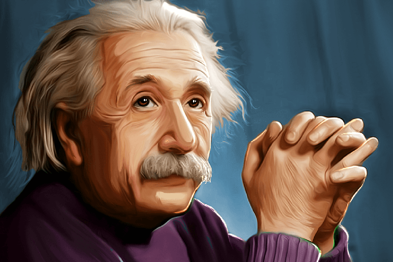 Ilustra&ccedil;&atilde;o de Albert Einstein em fundo escuro com ele com as m&atilde;os cruzadas e usando blusa da manga longa roxa