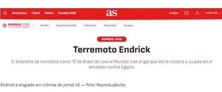 &lsquo;As&rsquo; define Endrick como um &lsquo;terremoto&rsquo; em cr&ocirc;nica desta segunda-feira (8/6) &ndash; Foto Reprodu&ccedil;&atilde;o As