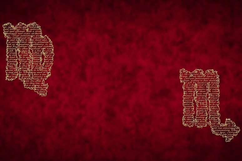 A imagem apresenta os s&iacute;mbolos dos signos de Virgem e Escorpi&atilde;o em destaque sobre um fundo vermelho texturizado.