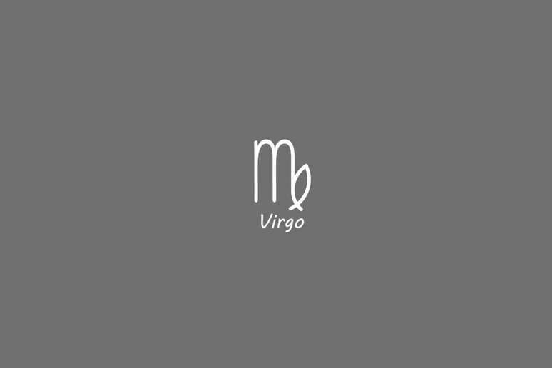 S&iacute;mbolo do signo de virgem, na cor banca, centralizado em um fundo cinza e com o nome embaixo