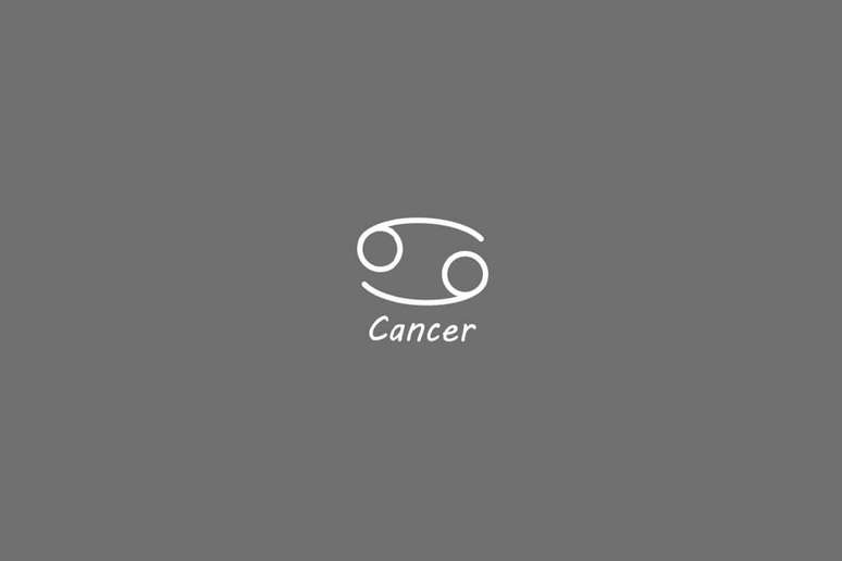 S&iacute;mbolo do signo de c&acirc;ncer, na cor banca, centralizado em um fundo cinza e com o nome embaixo