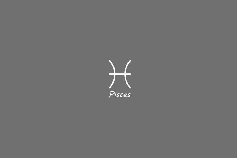 S&iacute;mbolo do signo de peixes, na cor banca, centralizado em um fundo cinza e com o nome embaixo