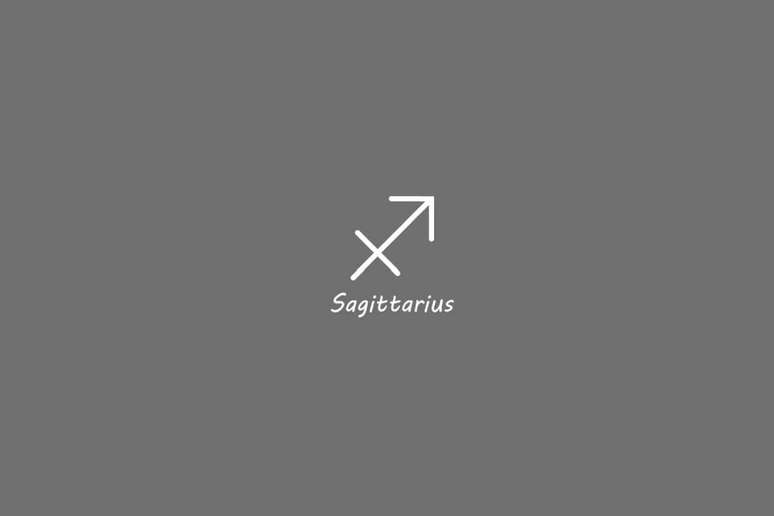S&iacute;mbolo do signo de sagit&aacute;rio, na cor banca, centralizado em um fundo cinza e com o nome embaixo