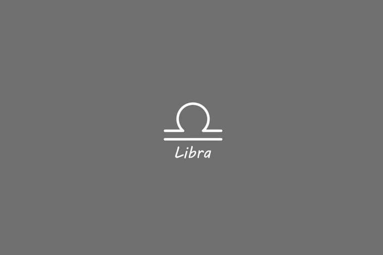 S&iacute;mbolo do signo de libra, na cor banca, centralizado em um fundo cinza e com o nome embaixo