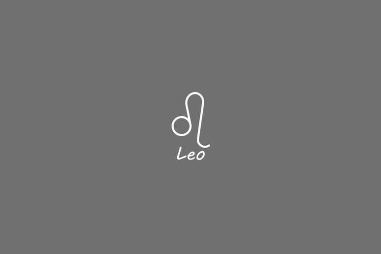 S&iacute;mbolo do signo de le&atilde;o, na cor banca, centralizado em um fundo cinza e com o nome embaixo