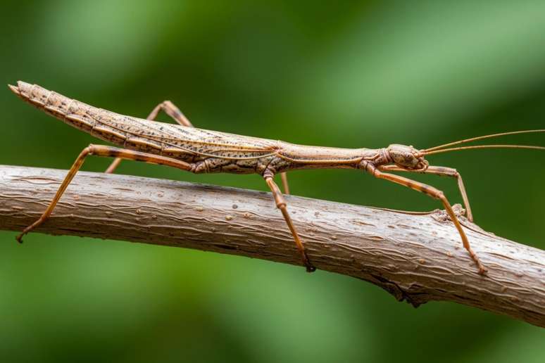 Um bicho-pau marrom-claro alongado est&aacute; empoleirado sobre um galho de &aacute;rvore cinza-marrom. O inseto tem um corpo fino e cil&iacute;ndrico, pernas longas e finas e antenas longas que se estendem para a frente. O fundo &eacute; um verde suave desfocado.