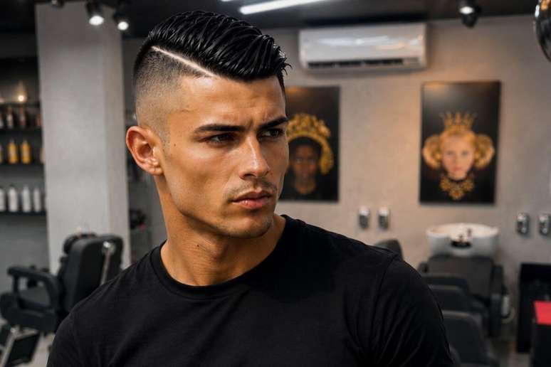 Homem com corte side part, rosto s&eacute;rio e olhando para o lado