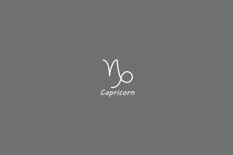 S&iacute;mbolo do signo de capric&oacute;rnio, na cor banca, centralizado em um fundo cinza e com o nome embaixo