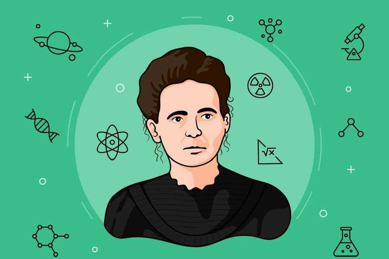 Ilustra&ccedil;&atilde;o de Marie Curie em c&iacute;rculo verde claro em fundo verde com s&iacute;mbolos de qu&iacute;mica e f&iacute;sica ao redor