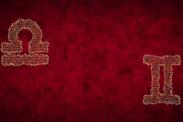 A imagem apresenta os s&iacute;mbolos dos signos de G&ecirc;meos e Libra em destaque sobre um fundo vermelho texturizado.