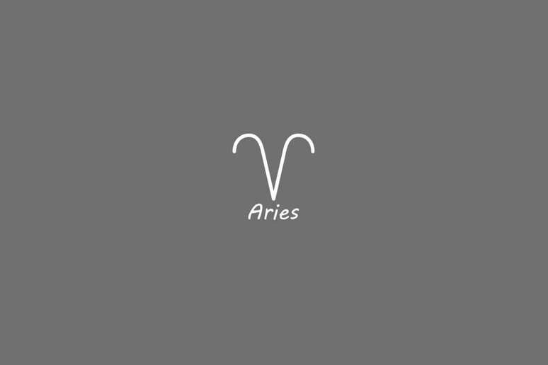 S&iacute;mbolo do signo de &aacute;ries, na cor banca, centralizado em um fundo cinza e com o nome embaixo