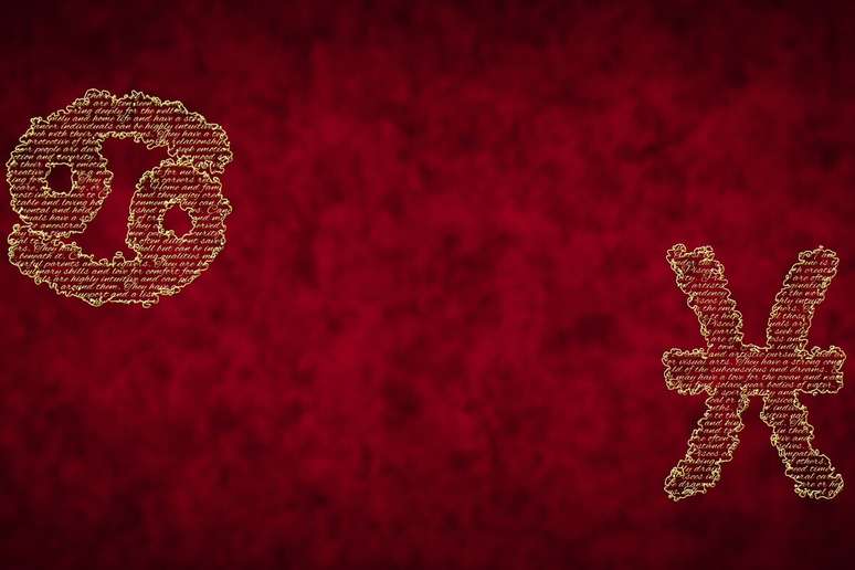 A imagem apresenta os s&iacute;mbolos dos signos de C&acirc;ncer e Peixes em destaque sobre um fundo vermelho texturizado.