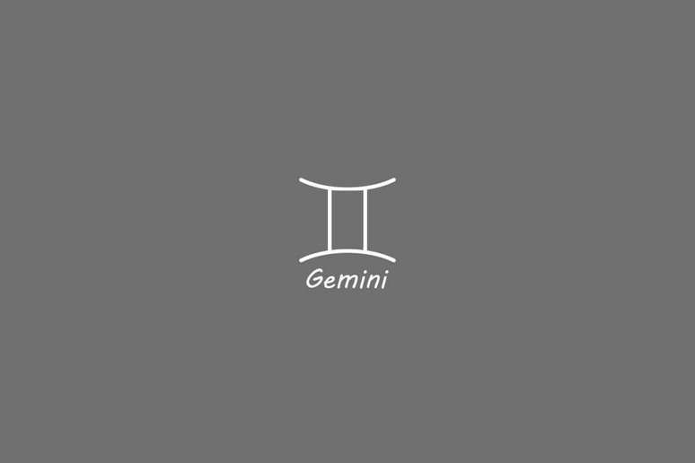 S&iacute;mbolo do signo de g&ecirc;meos, na cor banca, centralizado em um fundo cinza e com o nome embaixo