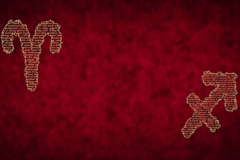 A imagem apresenta os s&iacute;mbolos dos signos de &Aacute;ries e Sagit&aacute;rio em destaque sobre um fundo vermelho texturizado.