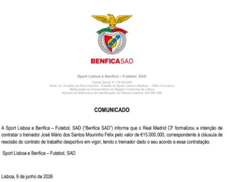 Benfica divulgou comunicado oficial da sa&iacute;da de Mourinho para o Real Madrid