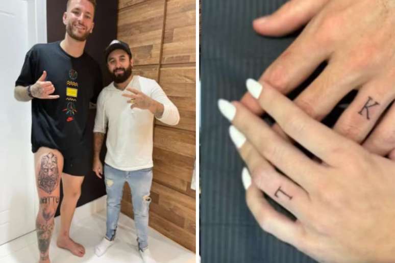 Zagueiro L&eacute;o Pereira mostra tatuagens na perna | m&atilde;os de L&eacute;o e Karoline Lima
