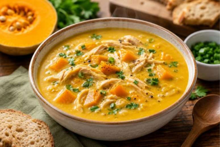 Caldo de abóbora com frango.