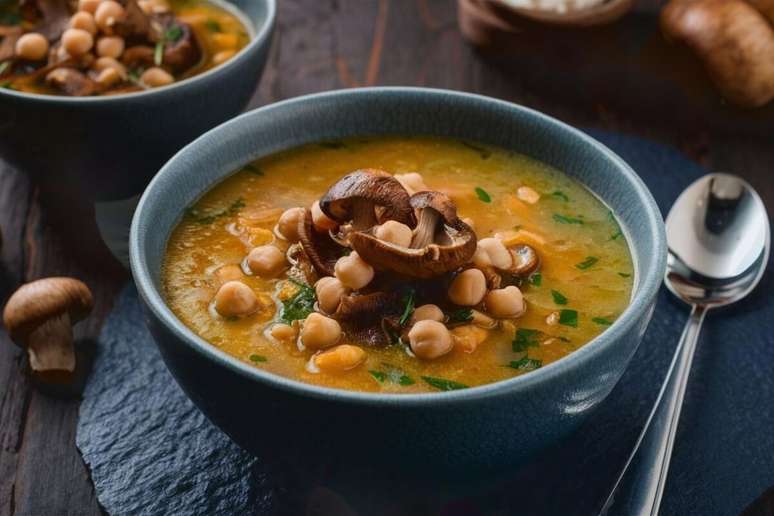 Tigela de sopa de gr&atilde;o-de-bico finalizada com cogumelos salteados e gr&atilde;os inteiros sobre mesa escura