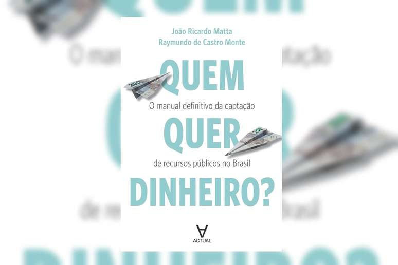 Capa de livro branca com t&iacute;tulo escrito em verde &aacute;gua e cinza com ilustra&ccedil;&otilde;es de avi&otilde;es de papel feitos de dinheiro