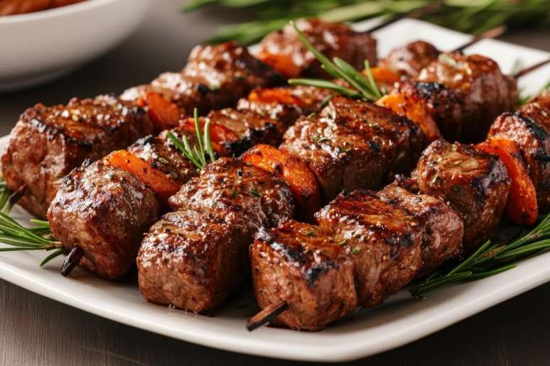 Quatro espetinhos de picanha com cenoura em prato branco