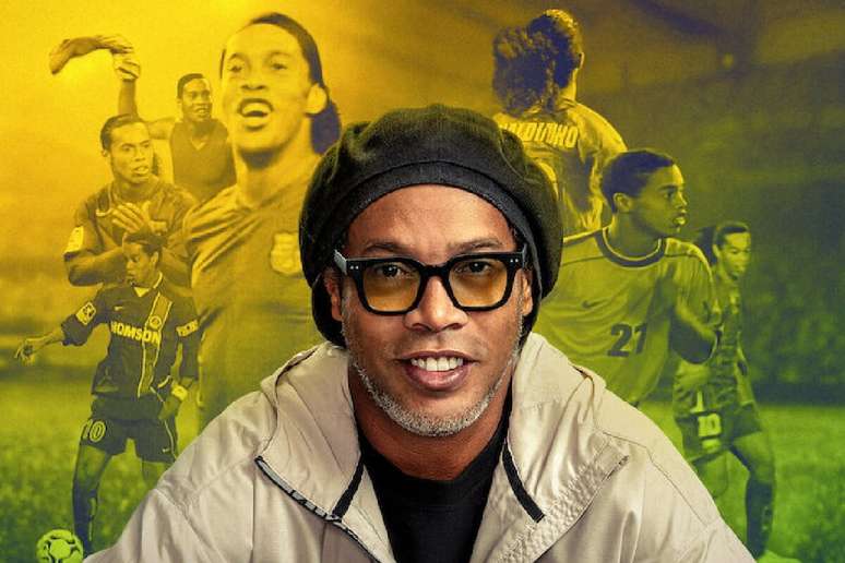 Uma imagem de rosto de Ronaldinho Ga&uacute;cho, um dos jogadores de futebol mais habilidosos de todos os tempos, com &oacute;culos de sol pretos e uma boina preta. Ele est&aacute; sorrindo para a c&acirc;mera. O fundo &eacute; uma imagem borrada de sua carreira.
