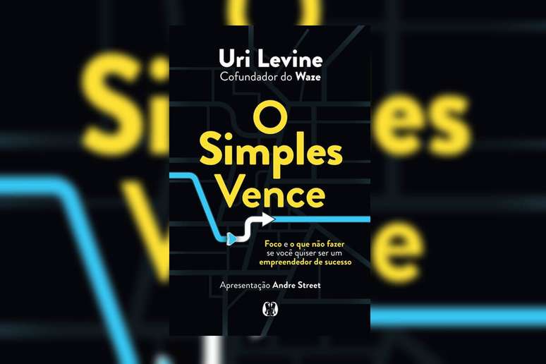 Capa de livro preta com t&iacute;tulo em amarelo e nome do autor em branco e linha azul com seta branca