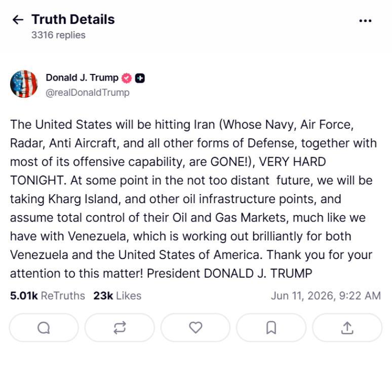 Trump fez publicação na rede social Truth Social a respeito de ataque ao Irã