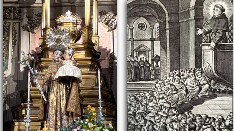 &Agrave; esquerda, a imagem no altar-mor da Igreja de Santo Ant&ocirc;nio que foi poupada no terremoto que atingiu Lisboa em 1755, e &agrave; direita, ilustra&ccedil;&atilde;o de uma prega&ccedil;&atilde;o em P&aacute;dua exposta no Museu de Santo Ant&ocirc;nio.