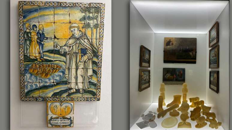 &Agrave; esquerda, o &ldquo;Serm&atilde;o dos Peixes&rdquo;, o milagre mais conhecido de Santo Ant&ocirc;nio, e &agrave; direita, ex-votos de milagres. Ambos no Museu de Santo Ant&ocirc;nio em Lisboa.