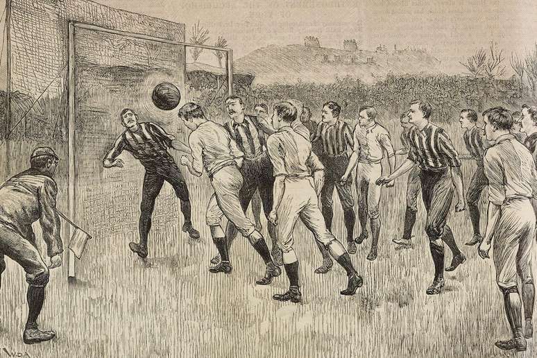 Ilustra&ccedil;&atilde;o da partida realizada em Londres entre o Blackburns Rovers e o Notts County, publicada no The Illustrated London News, em 28 de mar&ccedil;o de 1891