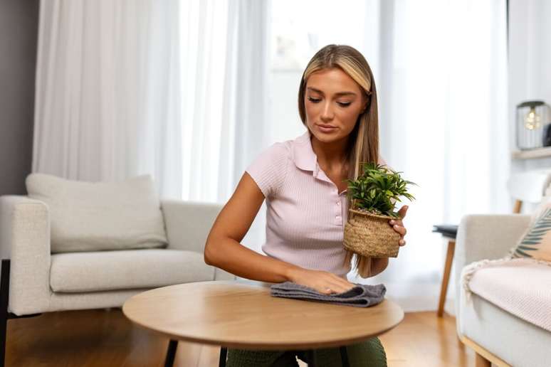 Fotografia em plano m&eacute;dio mostra uma mulher jovem limpando uma mesa de centro redonda e de madeira clara em uma sala de estar. Ela tem cabelos longos e loiros com mechas frontais mais claras, veste uma camisa polo de tric&ocirc; rosa claro e est&aacute; agachada em frente &agrave; mesa. Com uma das m&atilde;os, ela passa um pano cinza sobre a superf&iacute;cie de madeira; com a outra, segura um pequeno vaso tran&ccedil;ado de palha que cont&eacute;m uma planta verde. O ambiente ao fundo &eacute; iluminado e decorado em tons neutros, com uma poltrona cinza claro &agrave; esquerda e cortinas brancas ao fundo.