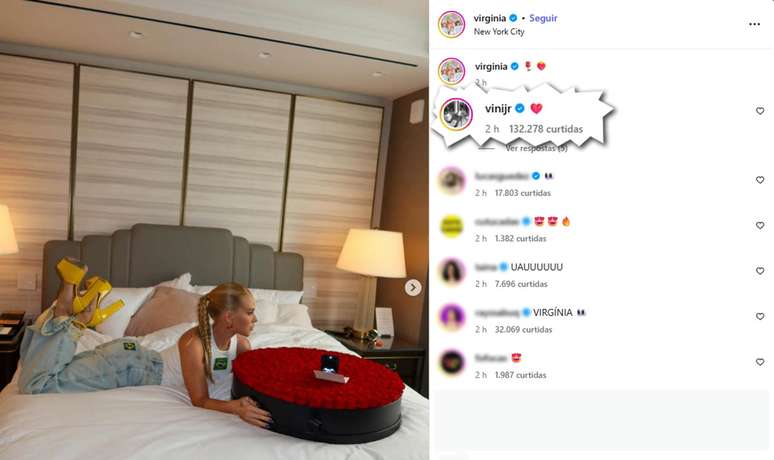 Rea&ccedil;&atilde;o de Vini Jr em postagem de Virg&iacute;nia &ndash;