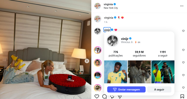 Vini Jr. reage a buqu&ecirc; de flores de Virginia
