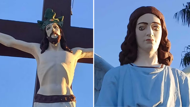 At&eacute; as imagens de Jesus e do anjo na pra&ccedil;a foram modificadas e chamaram a aten&ccedil;&atilde;o por receberem olhos tortos