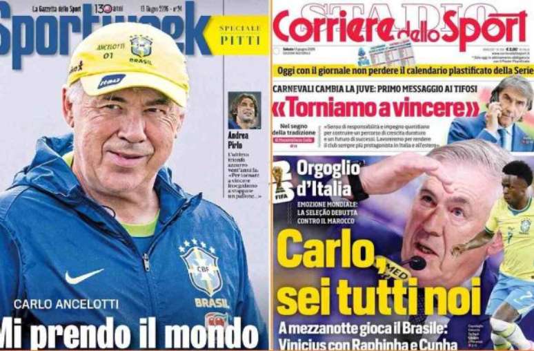 Reprodu&ccedil;&atilde;o - Legenda: Imprensa italiana d&aacute; destaque &agrave; estreia do Brasil na Copa e exalta Carlo Ancelotti