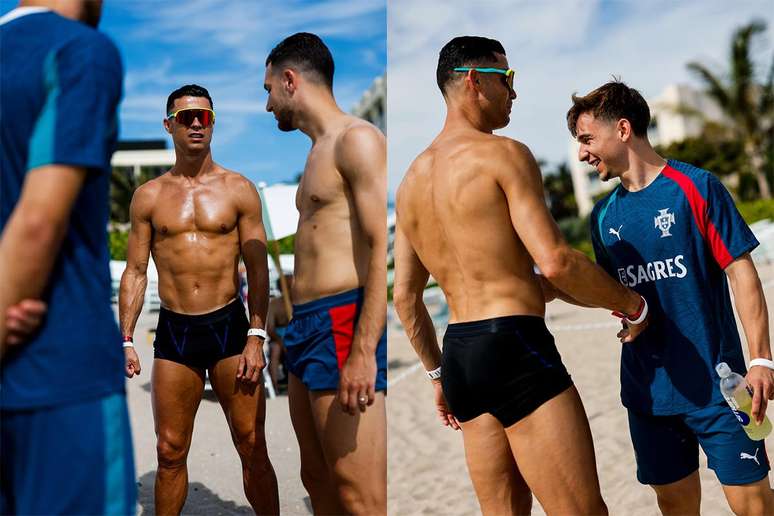 CR7 exibe o shape em foto de sunga durante treino da sele&ccedil;&atilde;o portuguesa &ndash;
