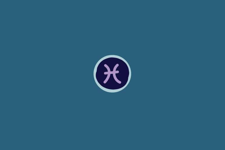 Ilustra&ccedil;&atilde;o do signo de Peixes, na cor roxa, em um c&iacute;rculo azul-escuro com borda azul-claro, sobre um fundo verde