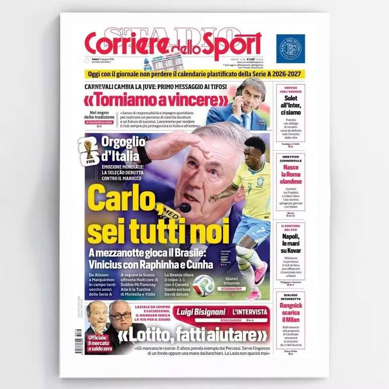 Itália fora da Copa do Mundo faz jornal italiano torcer pelo Brasil: ‘Carlo, você representa todos nós’