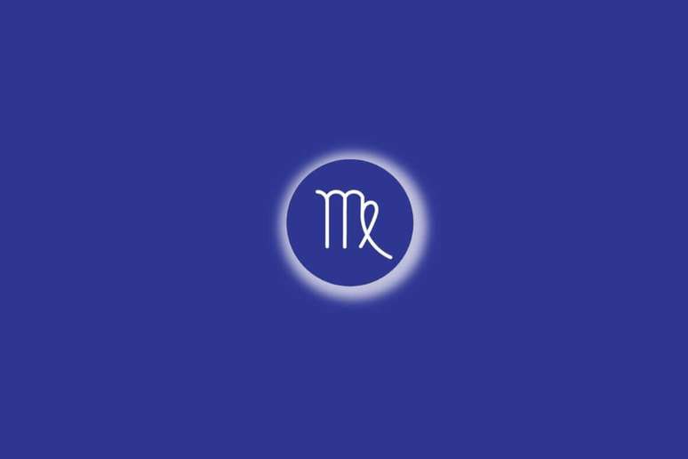 Ilustra&ccedil;&atilde;o do signo de Virgem em um c&iacute;rculo azul, com luz branca ao redor, sobre um fundo azul