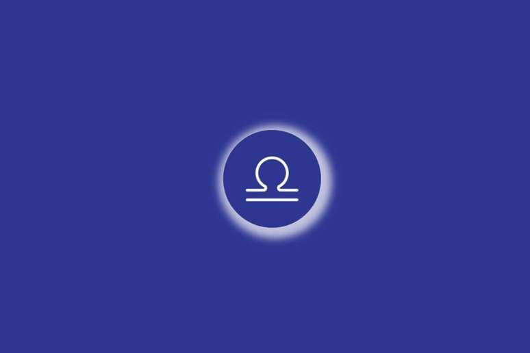Ilustra&ccedil;&atilde;o do signo de Libra em um c&iacute;rculo azul, com luz branca ao redor, sobre um fundo azul