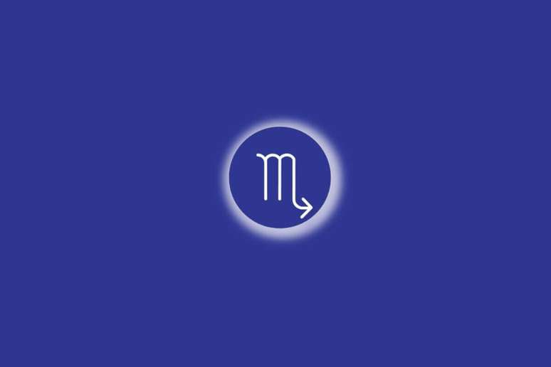 Ilustra&ccedil;&atilde;o do signo de escorpi&atilde;o em um c&iacute;rculo azul, com luz branca ao redor, sobre um fundo azul