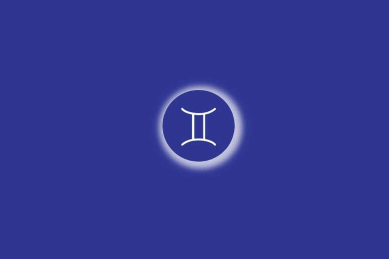 Ilustra&ccedil;&atilde;o do signo de g&ecirc;meos em um c&iacute;rculo azul, com luz branca ao redor, sobre um fundo azul