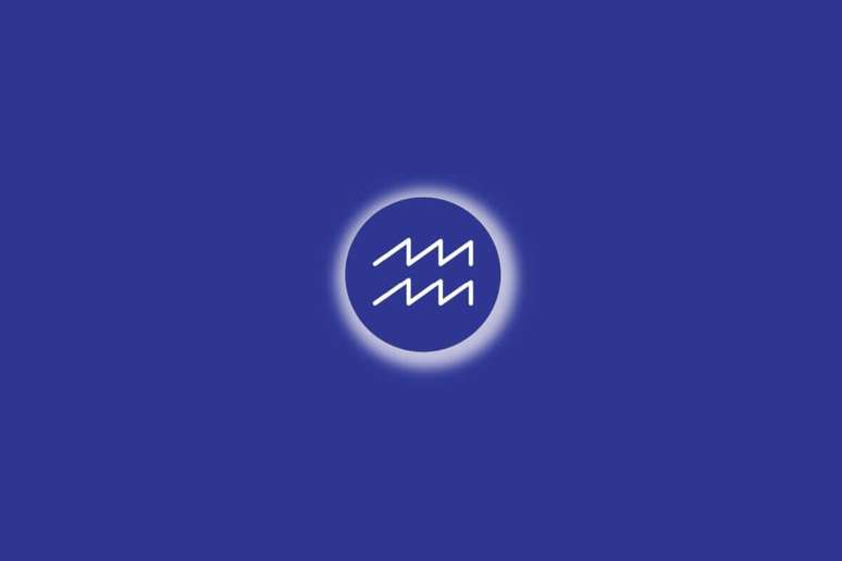 Ilustra&ccedil;&atilde;o do signo de Aqu&aacute;rio em um c&iacute;rculo azul, com luz branca ao redor, sobre um fundo azul